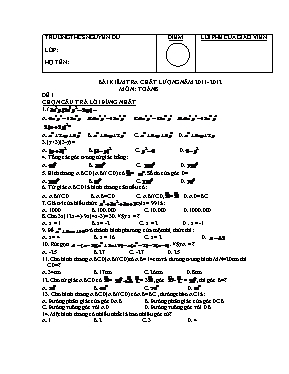 Bài kiểm tra chất lượng năm 2011- 2012 môn Toán 8